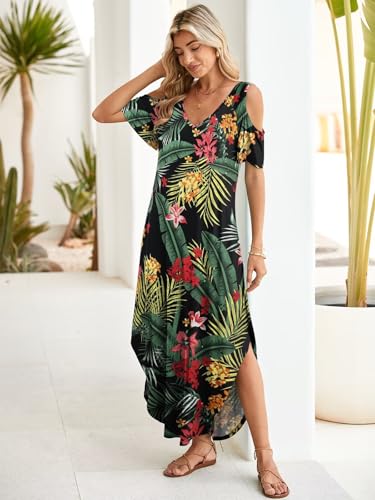Image of BELAROI Womens Cold Shoulder Maxi Dress Plus Size V Neck Summer Sundresses with Pockets Beach Coverup Vacation Outfits