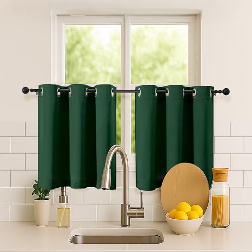 Image of Simplebrand Ever Green Short Kitchen Curtains 24 Inch Length 2 Panels Set, Small Windows Room Darkening Curtain for Bathroom, Cabinet, Basement, RV Camper, Thermal Insulated Short Drapes, 40 x 24 Inch