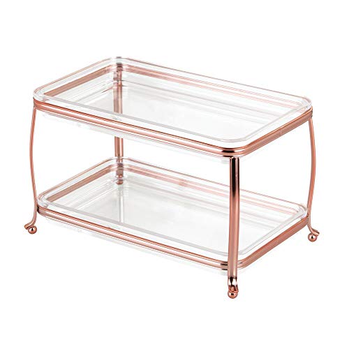 mDesign Decorative Makeup Storage Organizer Vanity Tray for Bathroom Counter Tops, 2 Levels to Hold Makeup Brushes, Eyeshadow Palettes, Lipstick, Perfume and Jewelry - Rose Gold/Clear