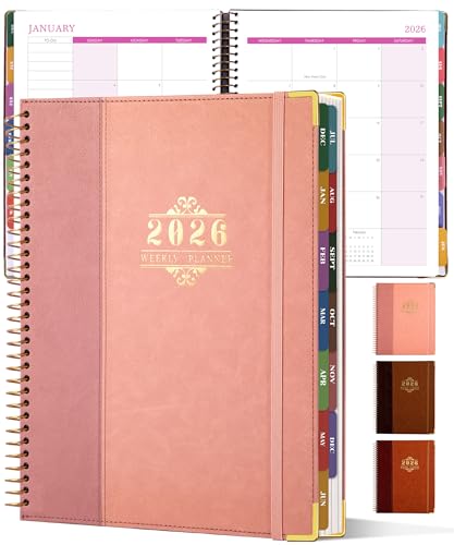2026 Planner, Weekly and Monthly Calendar Planner Book,Dec 2025 - Dec 2026, Leather Hardcover Spiral Planner with Monthly Tabs, Notes Pages, Perfect for Women & Men, A4 (9.6" x 11.2") - Pink