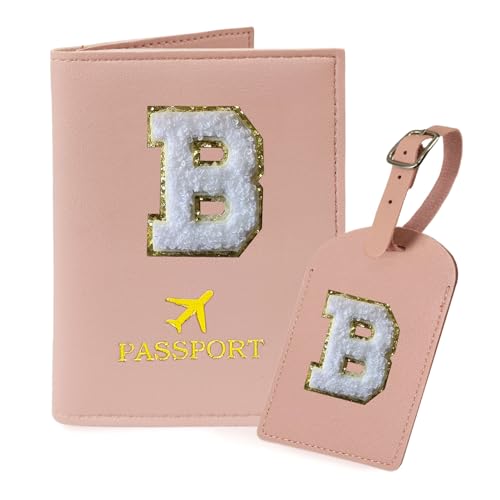 COSHAYSOO Initial Passport Cover and Luggage Tag Set with Chenille Letter Patch for Women Teenage Girls, 2 Pcs Double Passport Holder Best Bag Suitcase Identifier Pink B