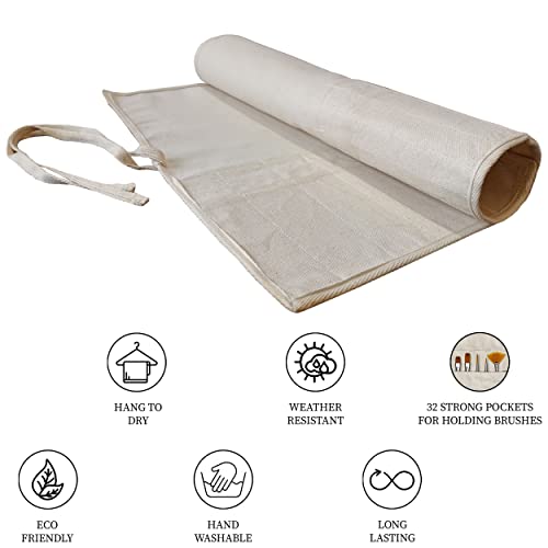 Image of Cotton Inside Empty Brush Holder Canvas For Artist 32 Slots Easy To Care Paint Brush, Drawing Pen, Palette Knife, Acrylic, Oil, Watercolor, Gouache Roll Up Brush Storage 55 X 45 Cm, White
