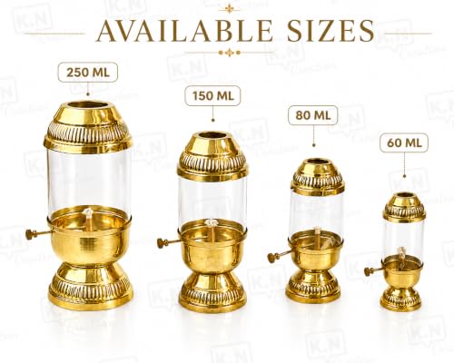 Image of K.N Creation Brass Akhand Diya with Adjustable Bati, Jyoti Wick Lifting Screw Lever, Akhanda Jyothi Deepam, Borosilicate Glass Cover for Pooja (Large, 250 ml: Oil Capacity, Long Lasting 48 Hours)