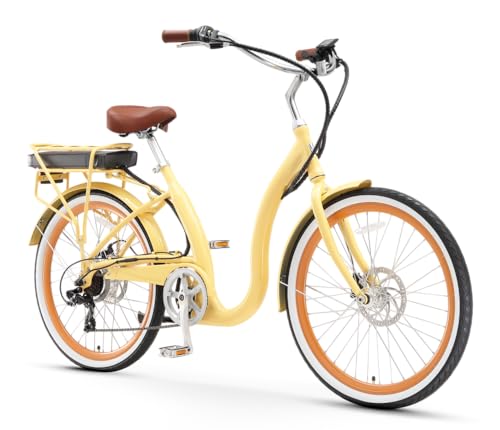 sixthreezero Electric Bike, 7 Speed Simple Step-Thru Beach Cruiser eBike Bicycle with Rear Rack, 500 Watt Motor, 26 Inch Wheels, Cream