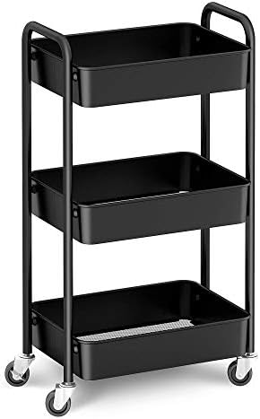 CAXXA 3-Tier Rolling Metal Storage Organizer - Mobile Utility Cart, Kitchen Cart with Caster Wheels (Black)
