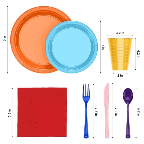 Image of Exquisite 350 Pcs Rainbow Plates and Napkins Party Supplies Plate Sets | Sturdy Plastic Dinnerware Set With 9 inch & 7 inch Plates, 12 Oz Cups, Lunch Napkins and Cutlery Serves 50 for Birthdays & Everyday