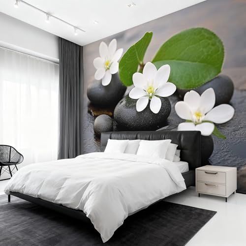 Papier Peint Pierre Zen et Fleur Blanc Intissé Salon 375x250 cm - 2