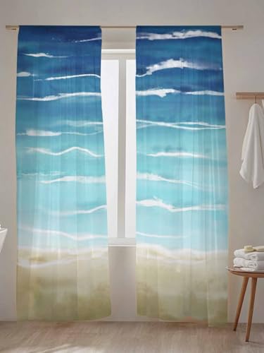 Blue Beige Ombre Sheer Curtains for Living Room Bedroom Coastal