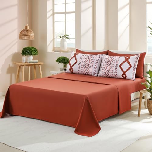 Image of MOVE OVER 7 Pieces Burnt Orange Tufted Bed in a Bag King Size Boho Chic Farmhouse Bedding Set Soft Microfiber Ethnic Aztec Comforter Sets for Bedroom Mid-Century Bohemian Bedding Comforter Set