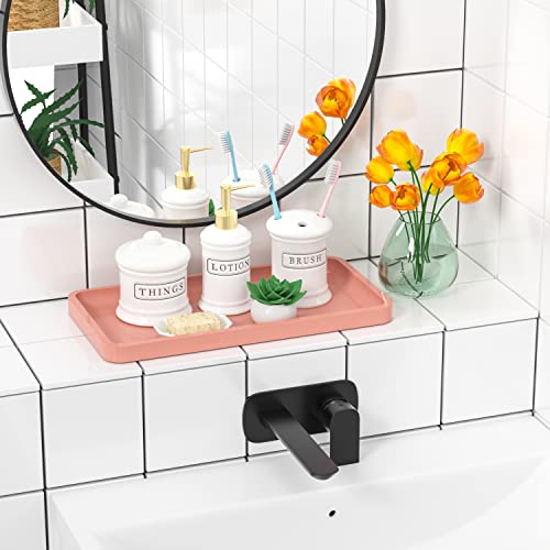 Image of Bathroom Vanity Tray for Countertop - Bamboo Organizer Tray for Dresser Tops, Toilet, Perfume Small Decorative Tray Wood Tray for Home Decoration 11.81 inch L x 6.1 inch W x 0.79 inch H (Pink)