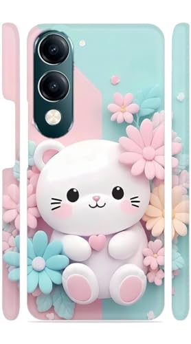 Image of White Kitty Flowers Designer Printed Hard Back Cover for Vivo Y19 5G Attractive and Uniquely Crafted Smartphone Case