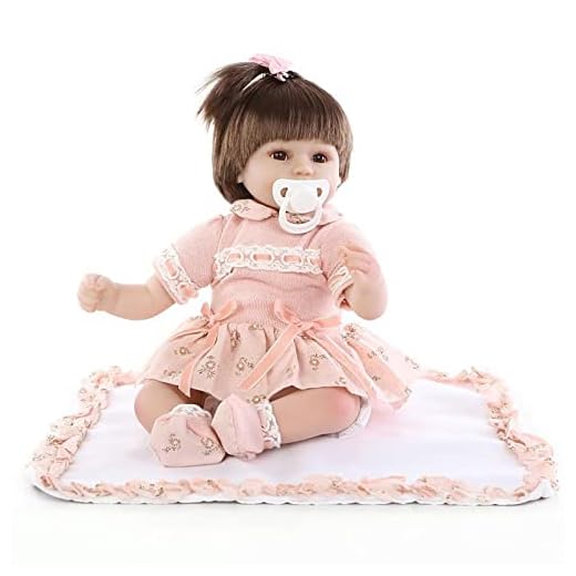 Reborn Baby Doll, söt korthårig flicka med rosa klänningsset Simuleringsdocka 42 cm 16,5 tum Handgjord naturtrogen mjuk vinylblandad silikonduk Body Icke-tvättbar bästa presentset