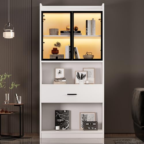 Merax 1Pc Vitrinenschrank mit 16-Farbiger LED-Beleuchtung, Pop-up Glastüren, 1 großer Schublade und vielseitigem Stauraum – Ideal für Wohnzimmer, Schlafzimmer und Büro 35.2x80x153.5cm Weiß