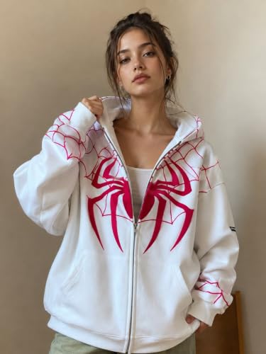 Image of Women's White Printed Hooded Sweatshirt with Front Zipper for Winter, Travel, Outdoor Outfit and Everyday Styling