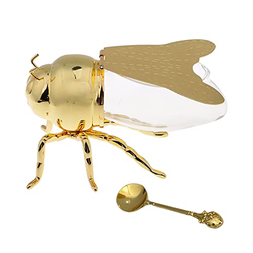 LARIAU Pot De Miel d'abeille Pot De Miel en Forme d'abeille avec Trempette pour Le Dîner Distribution De Cuisine À Domicile Festive (Couleur Or) Cover