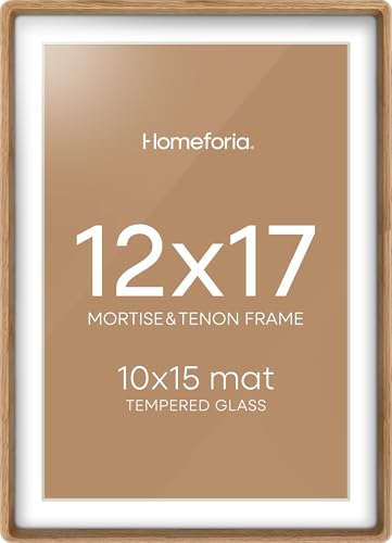 Homeforia 12x17 Picture Frame Natural Wood Mortise & Tenon Light Oak 12 x 17 Frames with Mat 10 by 15 for Wall 12by17 Wooden Poster Frame Matted to 10x15 inch Art Tempered Glass Wall Kit Set of 1