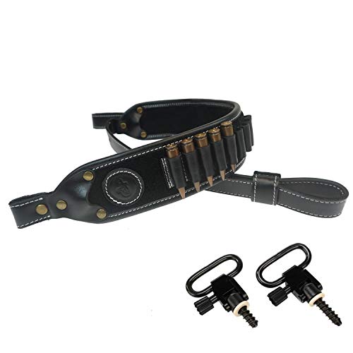 WAYNE S DOG Leather Hunting Gun Belt with Heavy Stitching 9pcs Round Cartridge Holder Belt Sling (Black + SW)