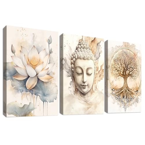 3Pcs Cadre en Bois Impression sur Toile Arbre de Vie Bouddha Tableau Image sur Toile Bouddhisme Zen Fleur de Lotus Beige Peinture Tableau Decoration Murale...