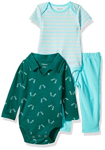 Hanes Ultimate Baby Zippin Pant with Short and Long Sleeve Polo Bodysuits Set, Blue/Green Fun, 6-12 Months