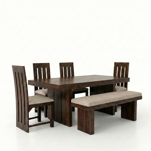 Image of SONA ART & CRAFTS Poster Solid Sheesham Wood Dining Table Set 6 Seater Dinner Dinning Table 4 Chair with 1 Bench for Dining Furniture for Living Room Home Hotel Office Self Assembly (Natural Finish)