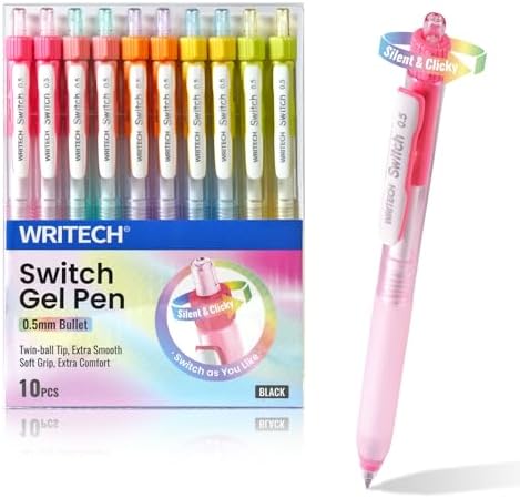 WRITECH Retractable Gel Ink Pens: 0.5mm Black-Ink Switch Between Silent and Clicky Soft Grip Fine Point Pen for Journaling Smooth Writing Quick-dry No Bleed 10ct