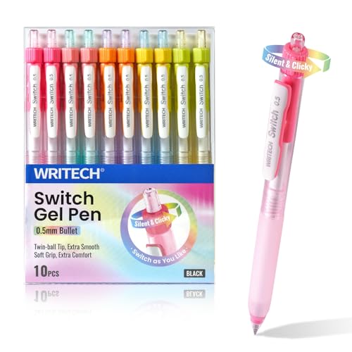 WRITECH Retractable Gel Ink Pens: 0.5mm Black-Ink Switch Between Silent and Clicky Soft Grip Fine Point Pen for Journaling Smooth Writing Quick-dry No Bleed 10ct