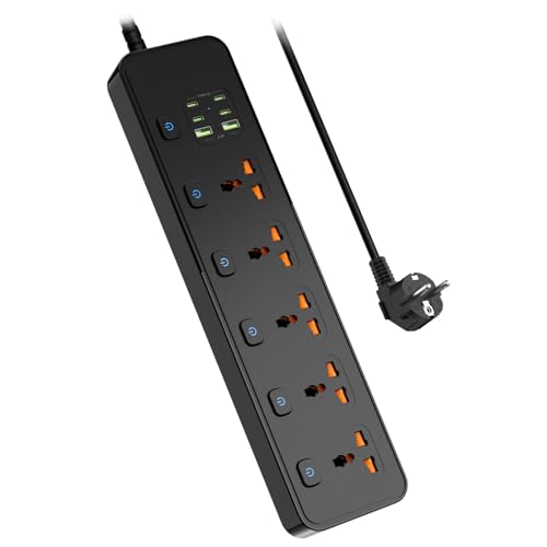 Multiprise avec Interrupteur de Sécurité Indépendant, Multiprise avec USB C, 5 Prises Universelles, 4 Ports USB-C et 2 Ports USB (5V 4,2 A 20W), 2M Rallonge Electrique