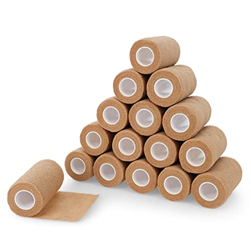 Mondo Medical Self Adhesive Elastic Bandage Wrap 16 Pack in Beige - 4in First Aid Compression Bandage Wrap Tape for Injuries or