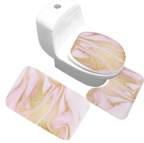 3 Teilig Badematte Set Rosa Marmor 3D Badematten Set rutschfest, Badezimmerteppich,U-förmiger WC-Vorleger,WC-Deckelbezug…