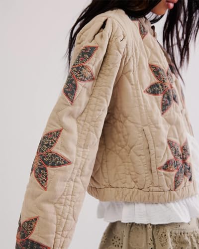 Gacaky Women's Lightweight Floral Embroidered Cropped Quilted Jacket Winter Warm Button Down Puffer Jacket Coat with Pockets3