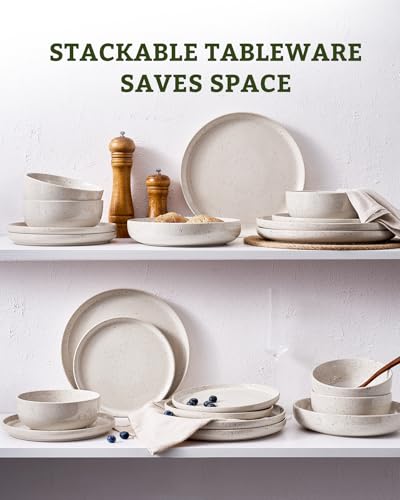 Image of Famiware Meteor Stoneware Dinnerware Sets with Pasta Bowls, Service for 4 (16 Pieces), Plates and Bowls Sets, Microwave and Dishwasher Safe Dishes Set, Creamy White