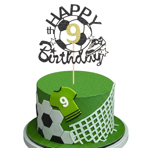 Happy 9th Birthday Football Cake Topper Black Gold Glitter 9 Years Old Cake Decorations Birthday Soccer Theme Party Supplies for Boys (9th)