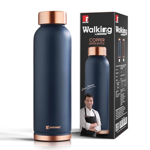 Image of BERGNER Walking Copper Water Bottle 950ml, Pure Copper, BPA Free, Non-Toxic, Leak Resistant, Pure Tamba Provides Health Benefits, Office Bottle, Hiking Trekking Bottle, Boosts Immunity - Navy Blue