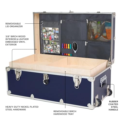 Image of Large Essential Trunk With Wheels, Tray, & Lid Organizer - 32 inchx18 inchx14 inch, 1000+ lbs Capacity. Strong, USA Made Summer Camp Footlocker, and Secure College Dorm Storage Chest