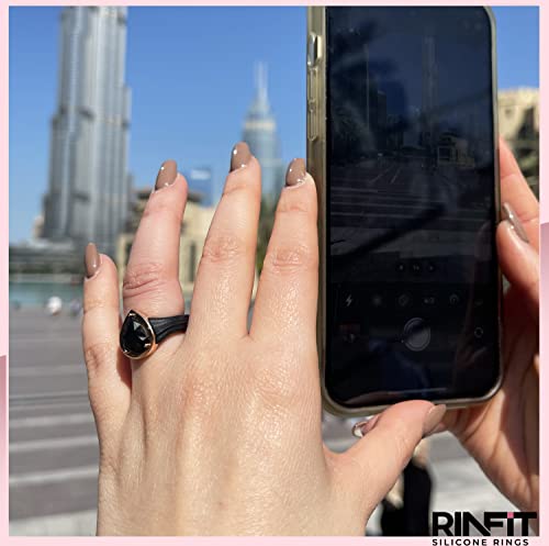 Rinfit Women's Silicone Rings - Engagement Or Promise Rings For Her - Silicone Wedding Bands Women - Metal Framed Silicone Pear Collection - Patent Pending Design - Black & Metal Light Rose Gold , Size 7 #TOP4