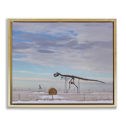 'Person Walking Dinosaur Skeleton Beach Sand'| Floating Frame Canvas Art