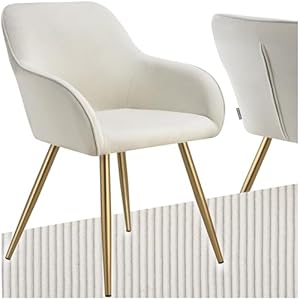 tectake® Esszimmerstuhl, Sessel bequem mit Armlehne, Polsterstuhl, Cord Cocktailsessel, Loungesessel für Wohnzimmer, Esszimmer, Moderne Küchenstühle, Bürostuhl – Creme/Gold