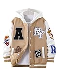 BEAUDRM Boy's Letter Graphic Varsity Jacket Long Sleeve Button Down Hooded Baseball Jacket Coat Streetwear Multicoloured 11Y