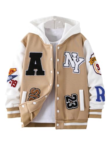 Boy's Letter Graphic Varsity Jacket Long Sleeve Button Down Hooded Baseball Jacket Coat Streetwear