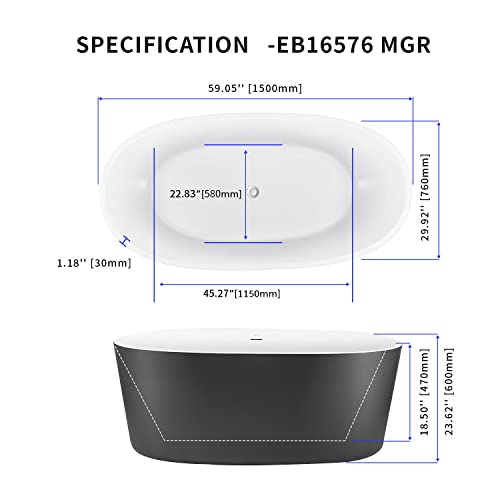 Image of 59 inch Lucite Acrylic Freestanding Bathtub, Columnar Shape Contemporary Soaking Tub with Toe-tap Chrome Center Drain, Slotted Overflow, cUPC Certified, 37Grey