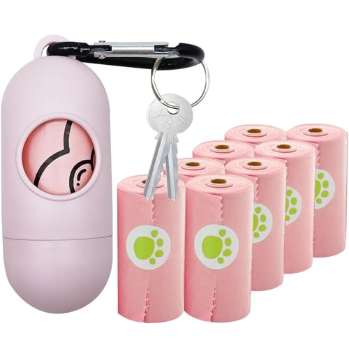 Image of YUCHIYA 2 Pack Dog Poop Bag Holder with 2 Rolls of Blue Leak-Proof Dog Waste Bags Poop Bag Dispenser with Leash Clip Key Ring (Pink, 1 Holder 135 Bags)