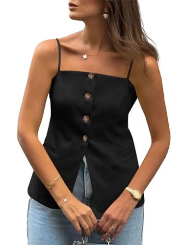 Cicy Bell Womens Summer Spaghetti Strap Vest Tops Dressy Casual Button Down Waistcoat Fitted Split Hem Sleeveless Suit Blazer