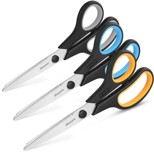 Image of iBayam 8.5 inch Heavy Duty Black Scissors for Office School Classroom Home Use | Precision 2.5mm Thickness Ultra Sharp Blade| Comfort Grip Right /Left Handles| Multipurpose | Cutting Paper Fabric Packaging