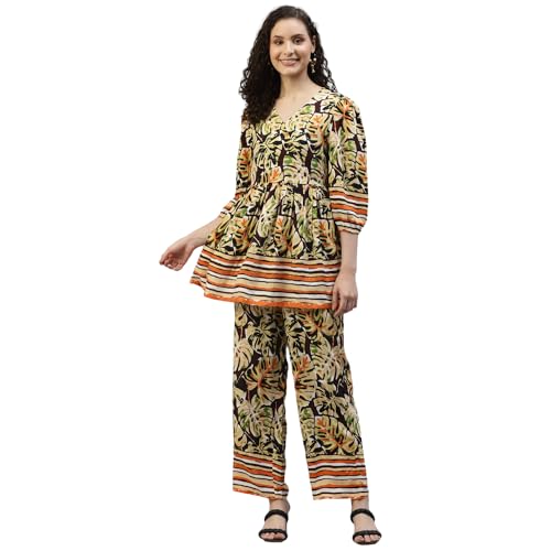 Image of DEEBACO Women's Tropical Print Rayon Peplum Top & Pants Co-Ord Set for Women V-Neck Puff 3 /4 Sleeves Ladies Party Casual Wear Fashionable for Girls Relaxed Fit Cord Set (DBCOMR00001097 L Multicolor)