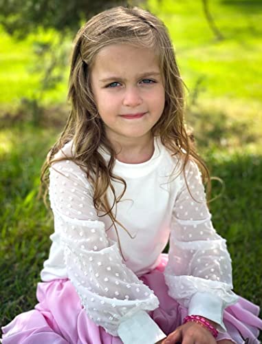 Yekaty Girls Cute Shirts White Fall Chiffon Long Sleeve Crewneck Blouses Loose Soft Swiss Dots Tops #TOP2