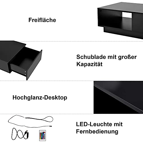 Table basse brillante moderne table de salon rectangulaire noire avec finitions laquées et LED