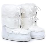 Faux Fur Snow Boots for Women,Furry Fuzzy Fluffy Womens Boots Lace-up Winter Warm Fur Lined Mid-Calf Non-Slip Ski Boots (white, Adult, Women, 8, Numeric Range, US Footwear Size System, 9, Medium)