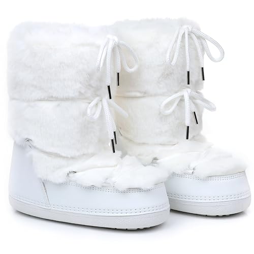Faux Fur Snow Boots for Women,Furry Fuzzy Fluffy Womens Boots Lace-up Winter Warm Fur Lined Mid-Calf Non-Slip Ski Boots