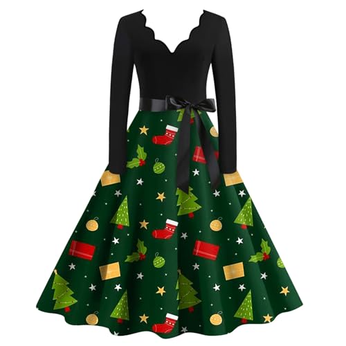 Weihnachtskleid Damen Weihnachtskleider Kleid Weihnachten Langarm V-Ausschnitt Vintage Swing Partykleid Elegant Cocktailkleid Christmas Cosplay...