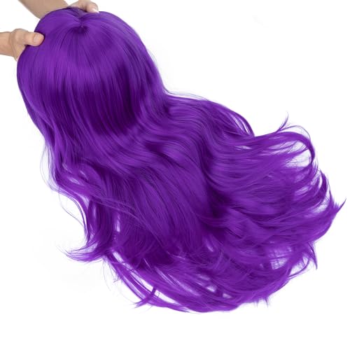 Image of S-noilite Purple Wig 26 inch Long Wavy Purple Anime Cosplay Wig with Bangs for Women Heat Resistant Synthetic Hair Colorful Wigs for Halloween Costume Party